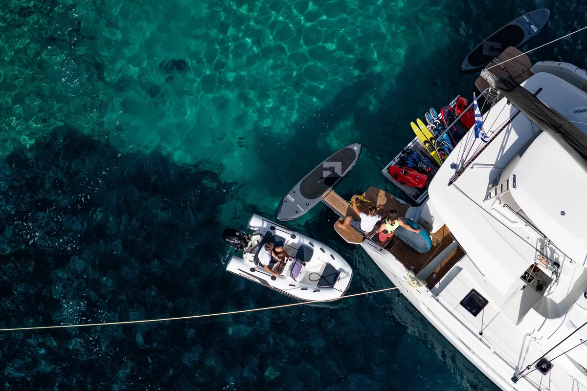 Exterior view of DOLCIA, a Lagoon 51 catamaran at Lefkada, Greece
