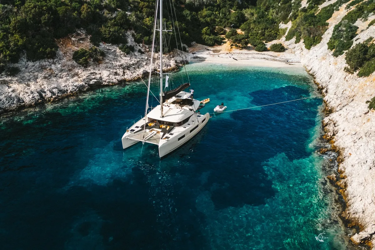 Exterior view of DOLCIA, a Lagoon 51 catamaran at Lefkada, Greece