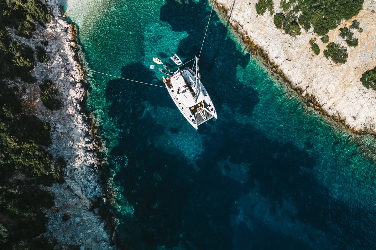 Exterior view of DOLCIA, a Lagoon 51 catamaran at Lefkada, Greece