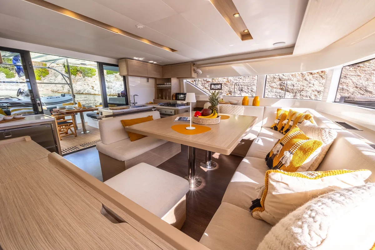 Salon of DOLCIA, a Lagoon 51 catamaran at Lefkada, Greece
