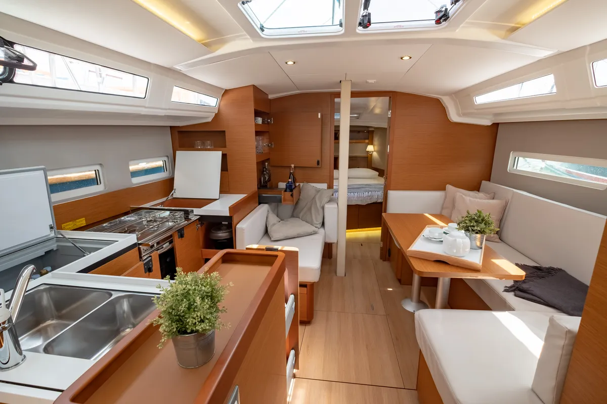 Salon of Elcano, a Jeanneau Sun Odyssey 410 sailboat at Municipal Unit of Lefkada, Greece