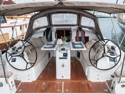 Cockpit of Elcano, a Jeanneau Sun Odyssey 410 sailboat at Municipal Unit of Lefkada, Greece