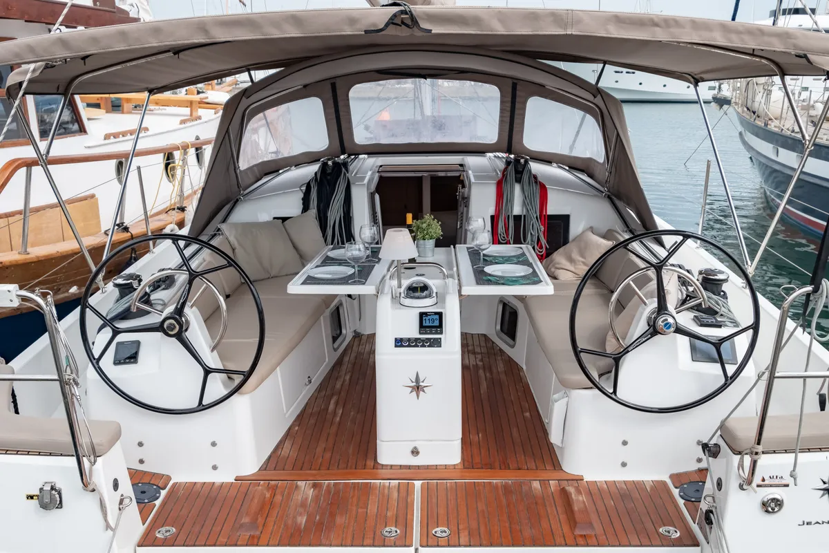 Cockpit of Elcano, a Jeanneau Sun Odyssey 410 sailboat at Municipal Unit of Lefkada, Greece