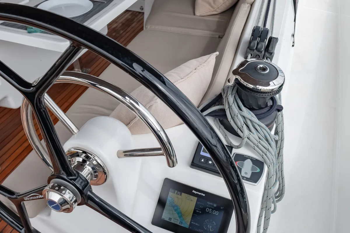 Cockpit of Elcano, a Jeanneau Sun Odyssey 410 sailboat at Municipal Unit of Lefkada, Greece
