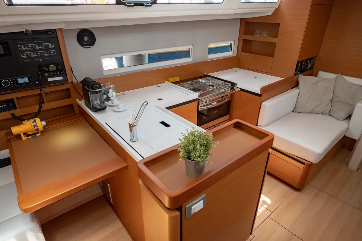 Salon of Elcano, a Jeanneau Sun Odyssey 410 sailboat at Municipal Unit of Lefkada, Greece