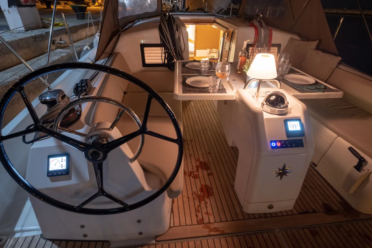 Cockpit of Elcano, a Jeanneau Sun Odyssey 410 sailboat at Municipal Unit of Lefkada, Greece