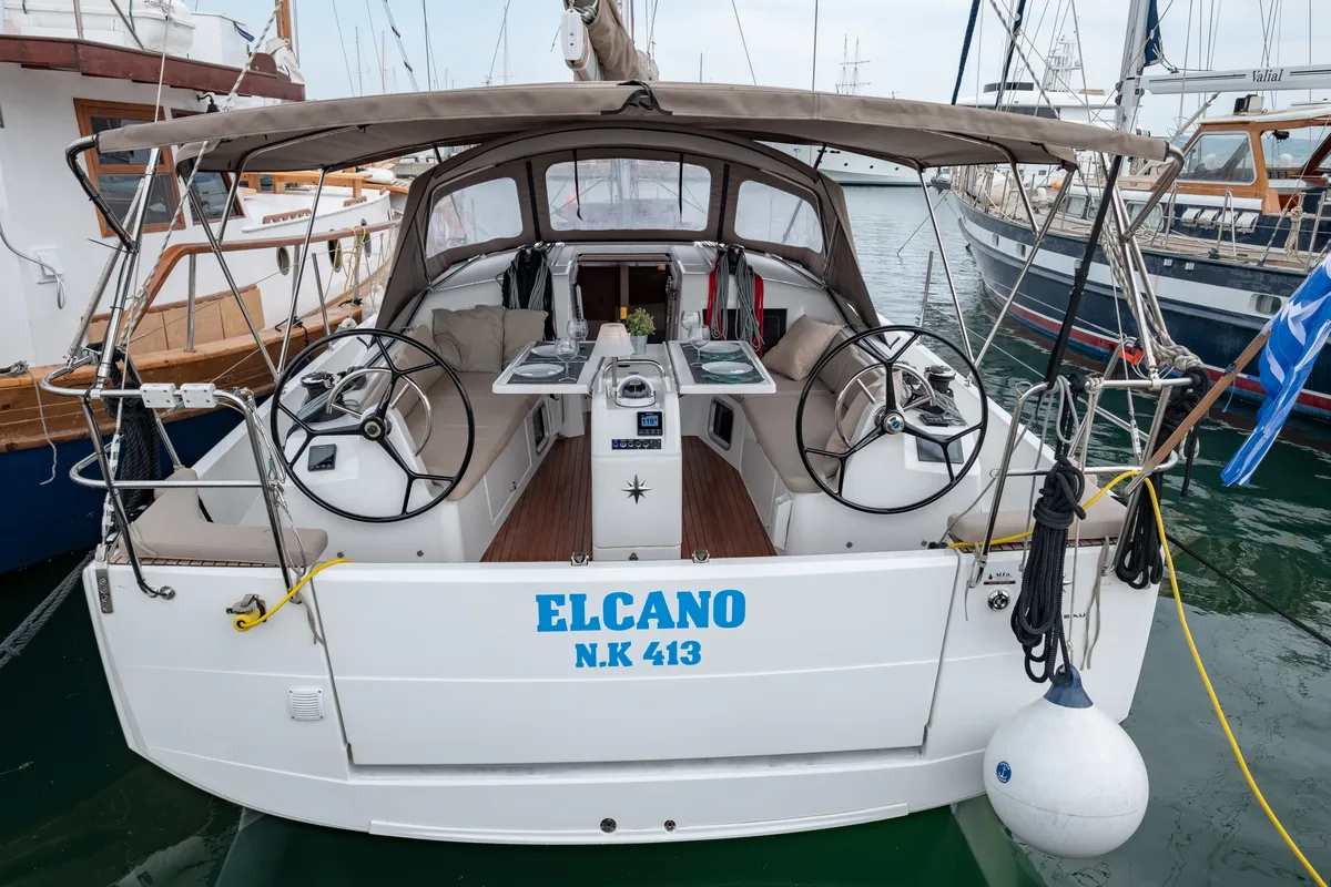 Exterior view of Elcano, a Jeanneau Sun Odyssey 410 sailboat at Municipal Unit of Lefkada, Greece