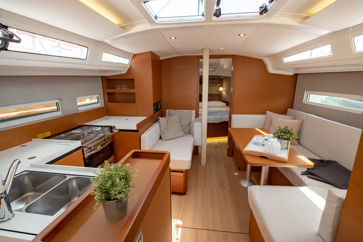 Salon of Elcano, a Jeanneau Sun Odyssey 410 sailboat at Municipal Unit of Lefkada, Greece