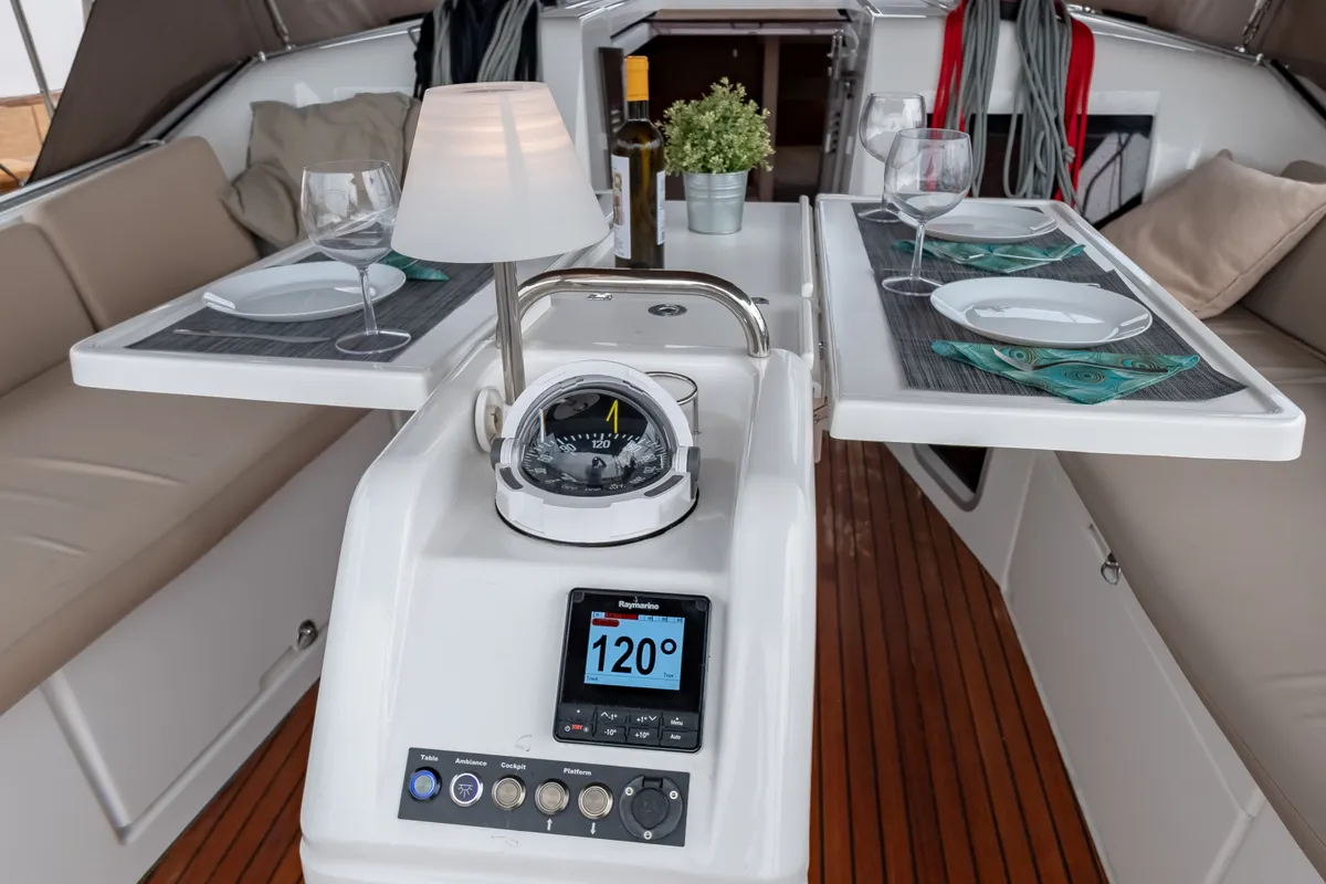 Cockpit of Elcano, a Jeanneau Sun Odyssey 410 sailboat at Municipal Unit of Lefkada, Greece