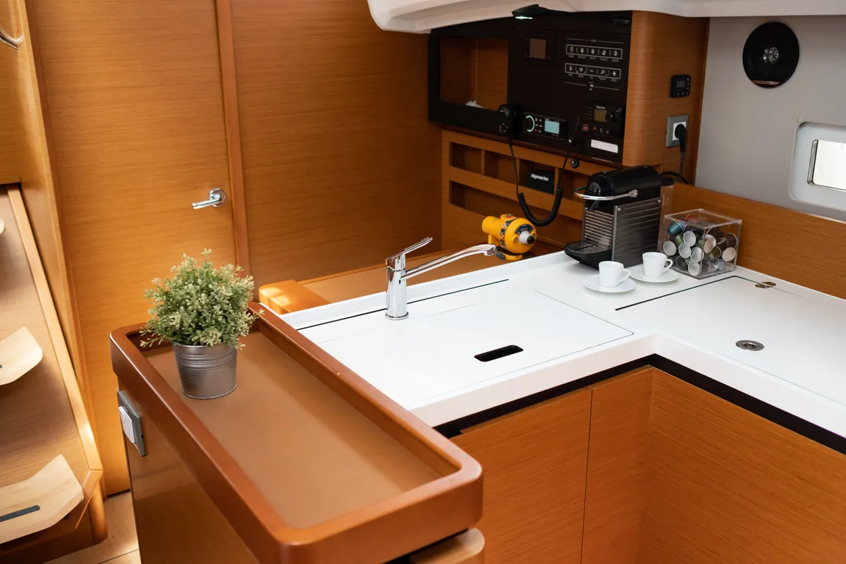Galley of Elcano, a Jeanneau Sun Odyssey 410 sailboat at Municipal Unit of Lefkada, Greece