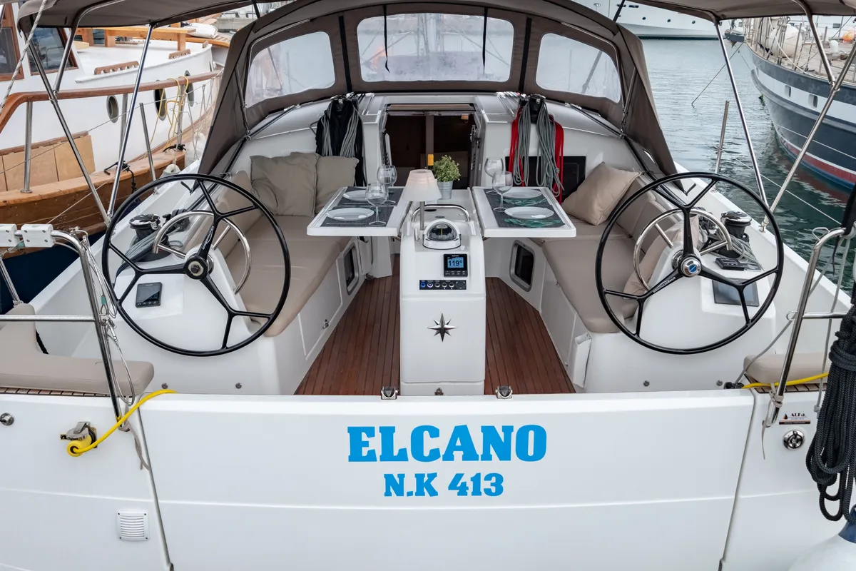 Exterior view of Elcano, a Jeanneau Sun Odyssey 410 sailboat at Municipal Unit of Lefkada, Greece
