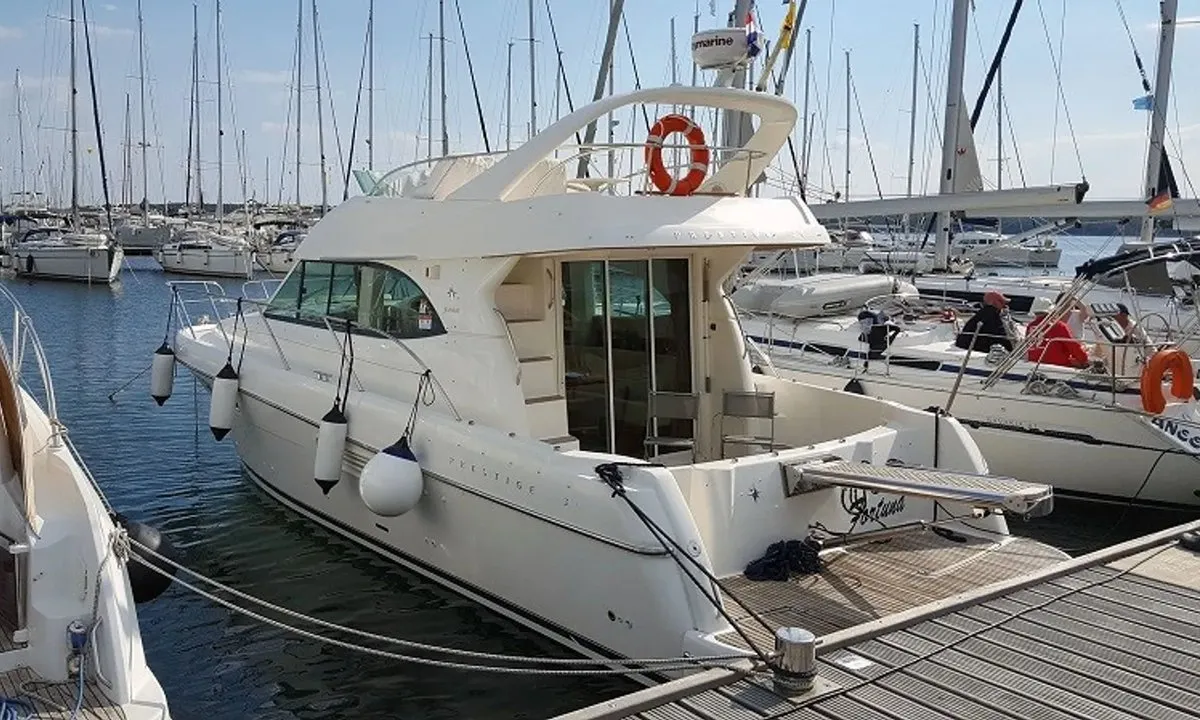 Deck of Fortuna, a Jeanneau Prestige 36 Fly motorboat at Punat, Croatia