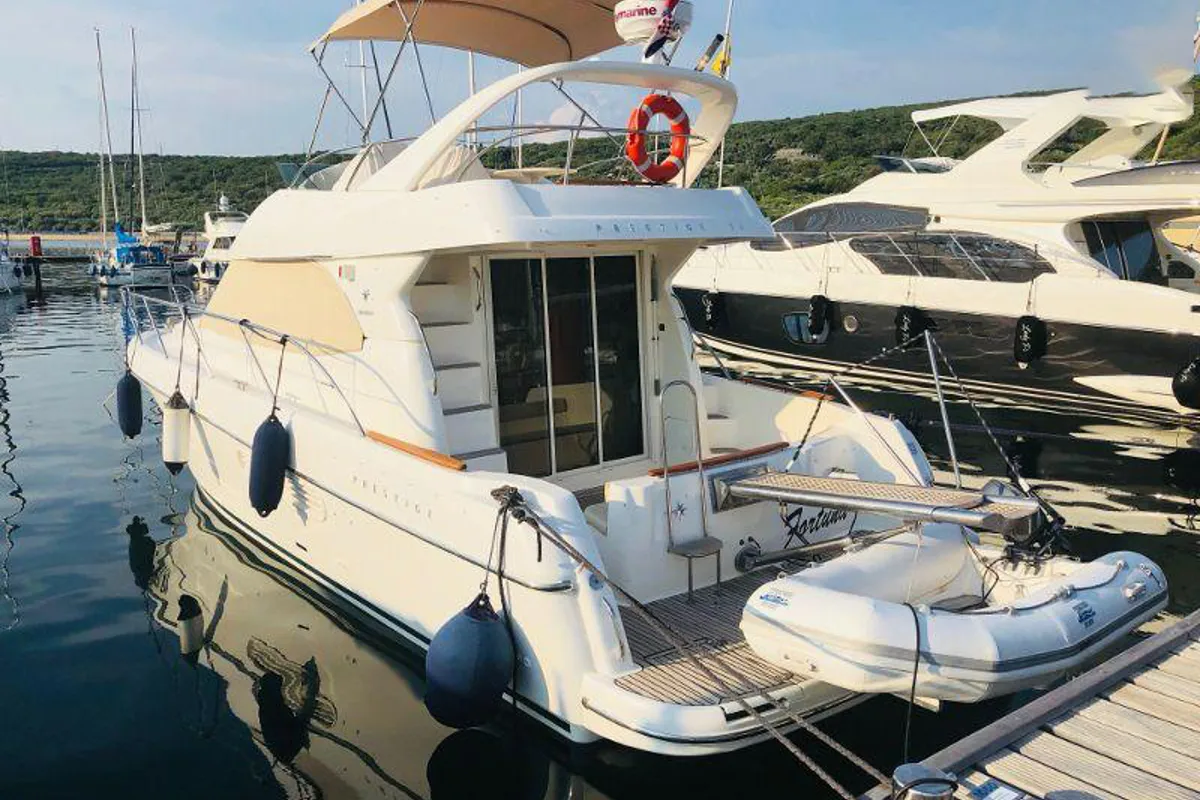 Exterior view of Fortuna, a Jeanneau Prestige 36 Fly motorboat at Punat, Croatia