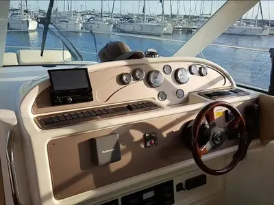 Cockpit of Fortuna, a Jeanneau Prestige 36 Fly motorboat at Punat, Croatia