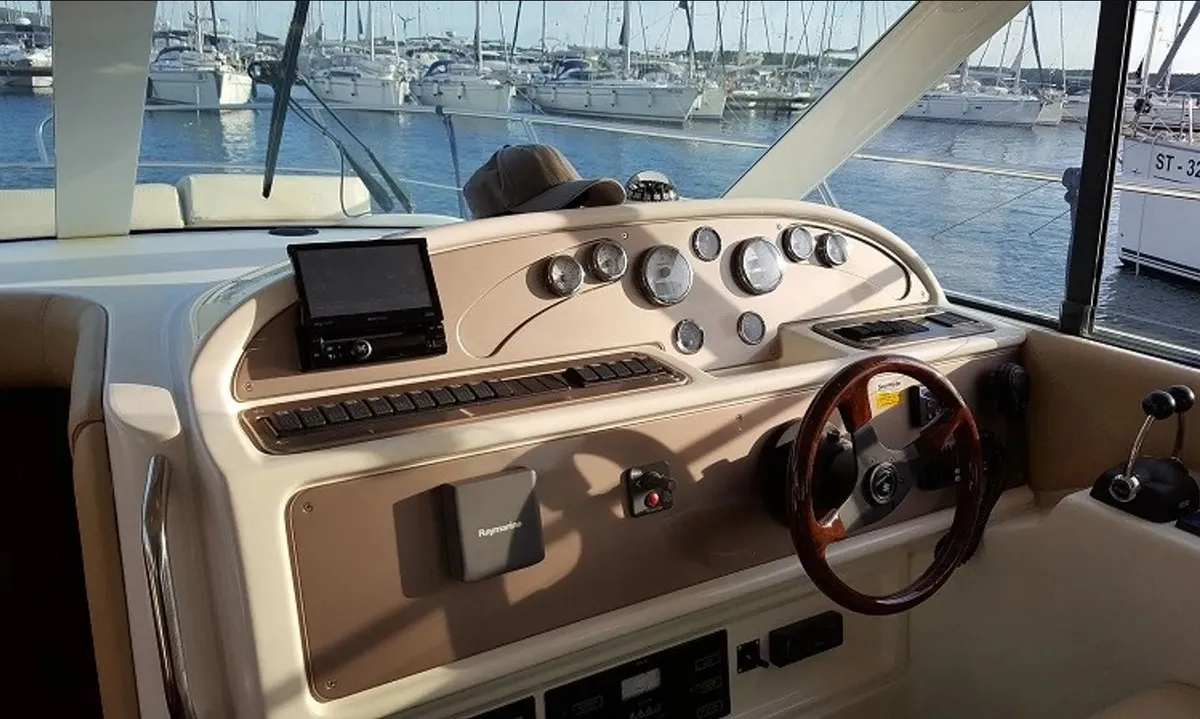 Cockpit of Fortuna, a Jeanneau Prestige 36 Fly motorboat at Punat, Croatia