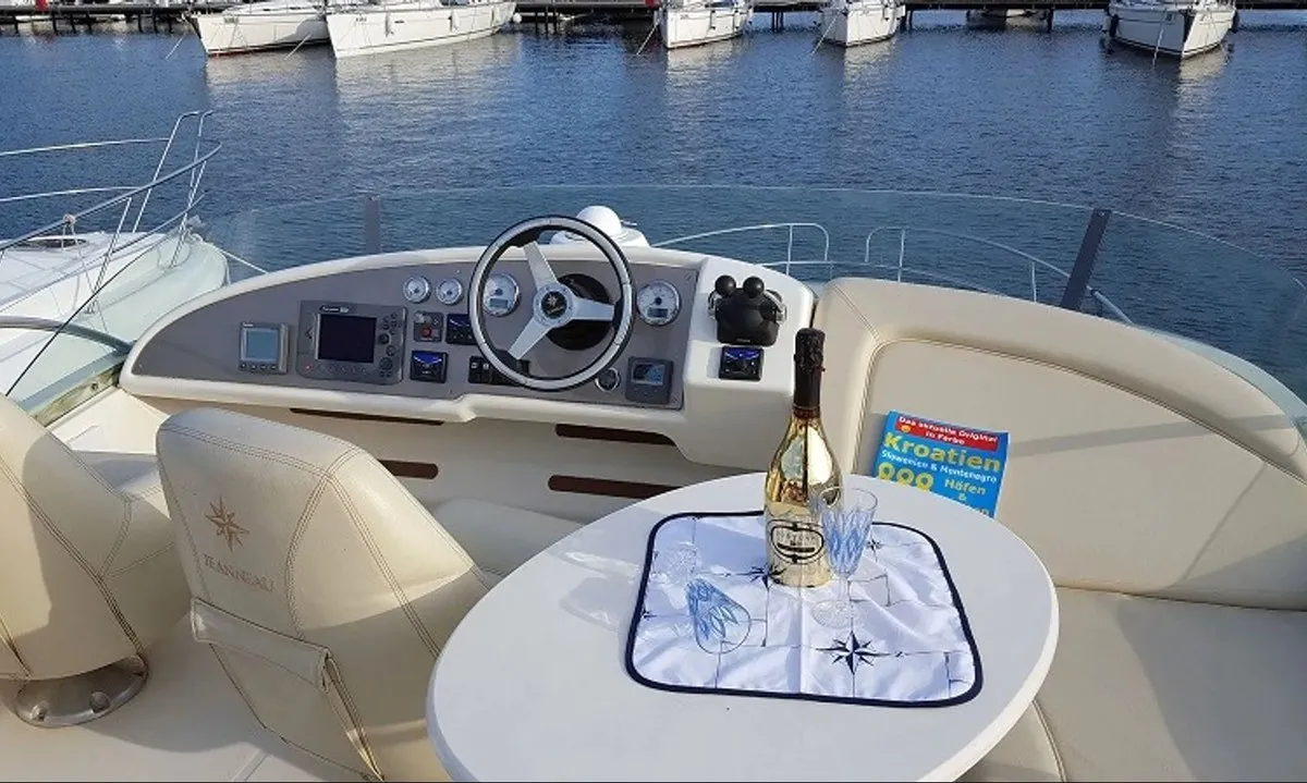 Cockpit of Fortuna, a Jeanneau Prestige 36 Fly motorboat at Punat, Croatia