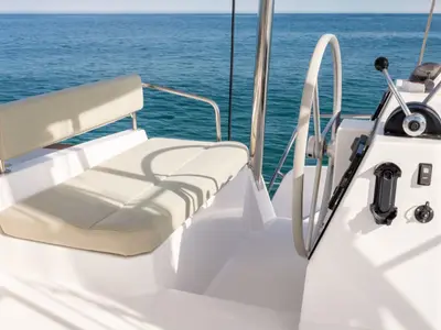 Cockpit of Zen, a Bali 4.6 catamaran at Cannigione, Italy