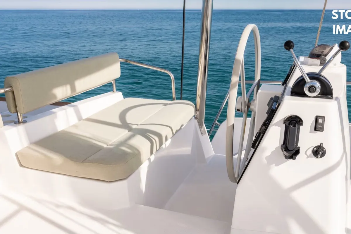 Cockpit of Zen, a Bali 4.6 catamaran at Cannigione, Italy