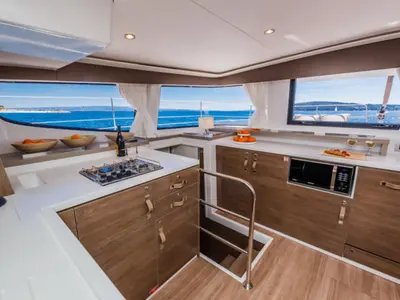 Galley of Zen, a Bali 4.6 catamaran at Cannigione, Italy