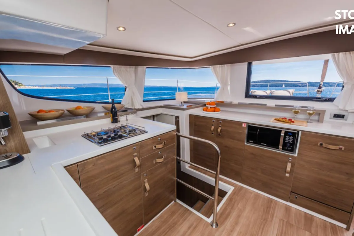 Galley of Zen, a Bali 4.6 catamaran at Cannigione, Italy