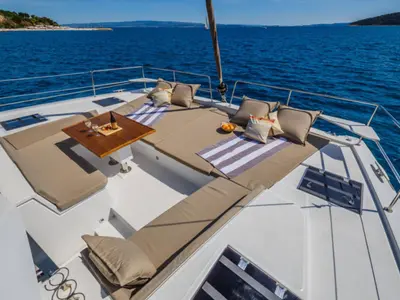 Deck of Zen, a Bali 4.6 catamaran at Cannigione, Italy