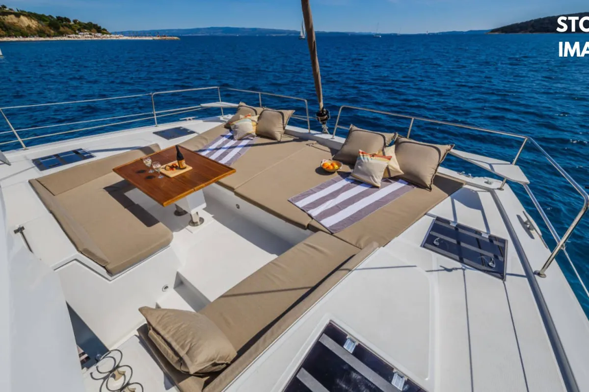 Deck of Zen, a Bali 4.6 catamaran at Cannigione, Italy