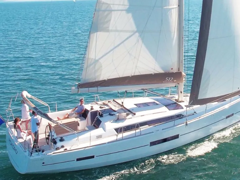 Exterior view of Jana, a Dufour 512 Grand Large sailboat at Figari/Golfo Aranci, Italy