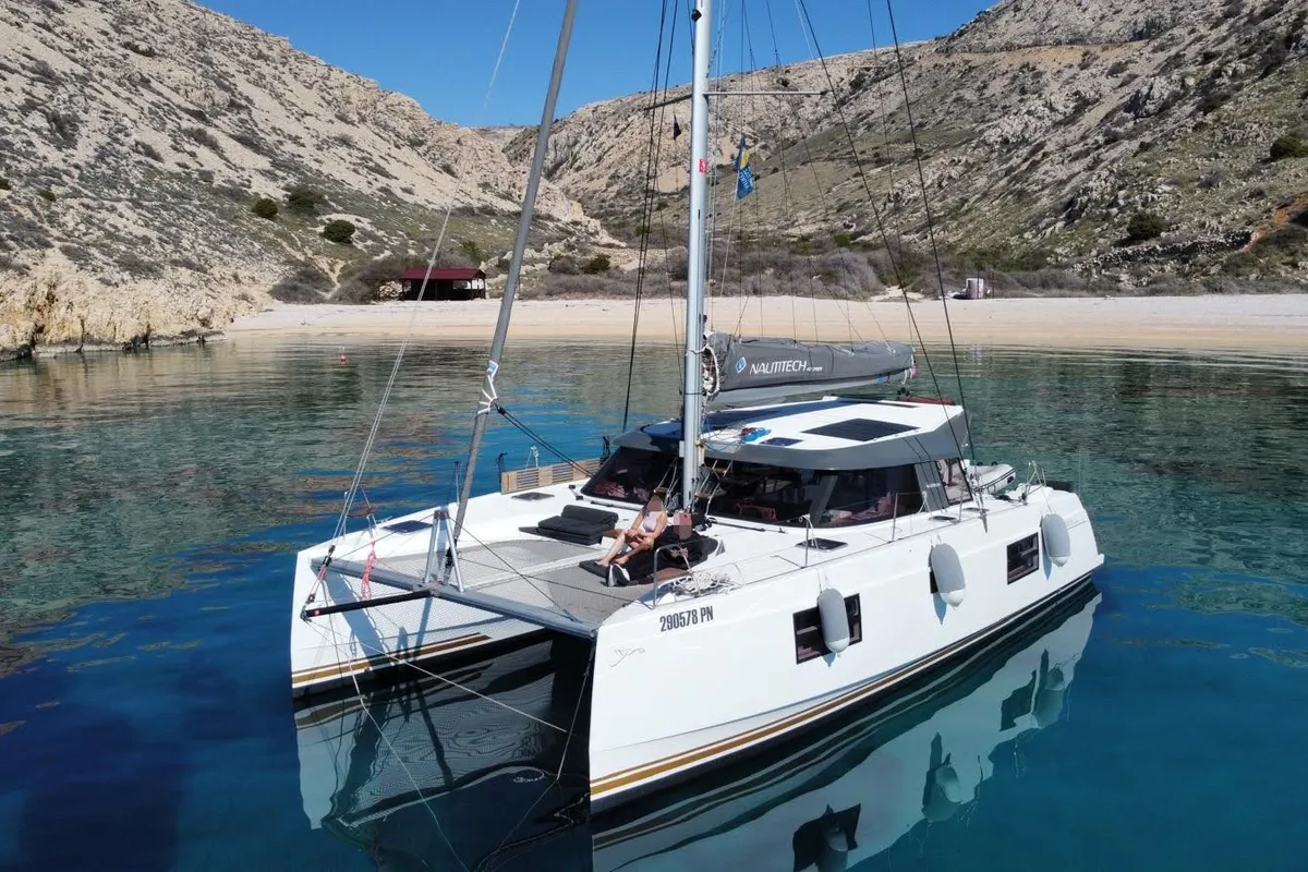 Exterior view of Master Yoda, a Nautitech 40 Open catamaran at Punat, Croatia