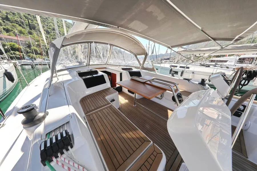 Deck of Lady Zrilla, a Hanse 458 sailboat at Grad Šibenik, Croatia