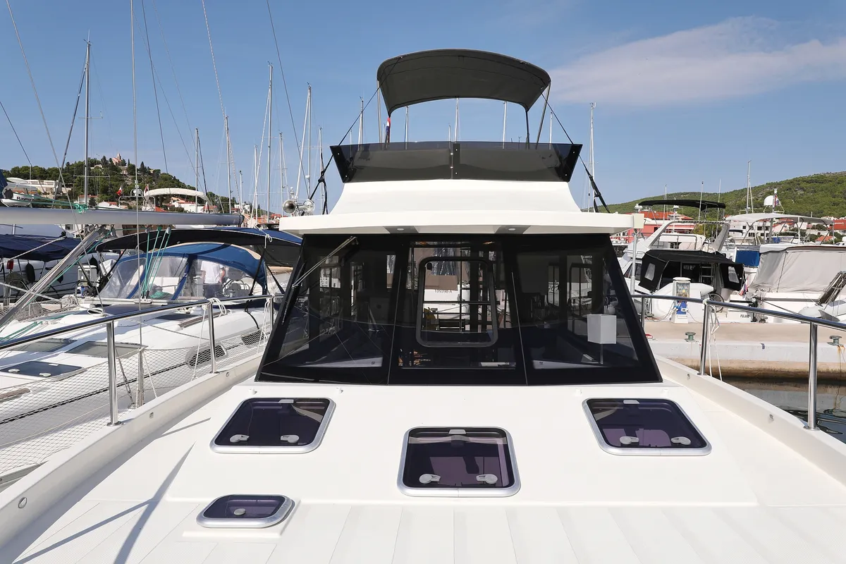 Exterior view of Muneca, a Cobra Yachts Futura 40 Grand Horizon motor yacht at Grad Vodice, Croatia