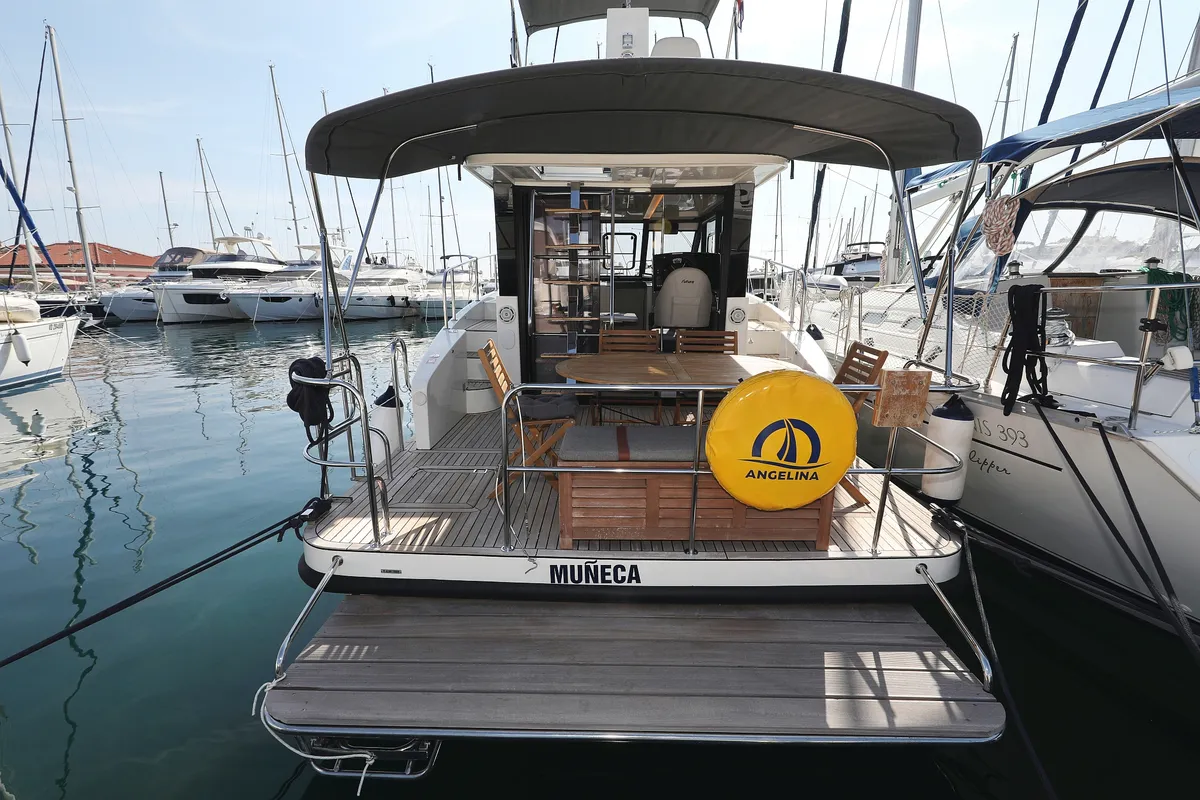 Deck of Muneca, a Cobra Yachts Futura 40 Grand Horizon motor yacht at Grad Vodice, Croatia