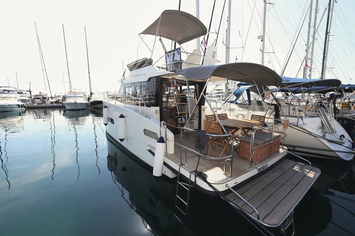 Exterior view of Muneca, a Cobra Yachts Futura 40 Grand Horizon motor yacht at Grad Vodice, Croatia