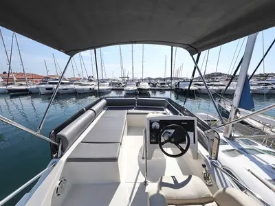 Cockpit of Muneca, a Cobra Yachts Futura 40 Grand Horizon motor yacht at Grad Vodice, Croatia