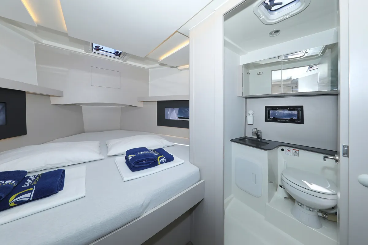 Cabin on Muneca, a Cobra Yachts Futura 40 Grand Horizon motor yacht at Grad Vodice, Croatia