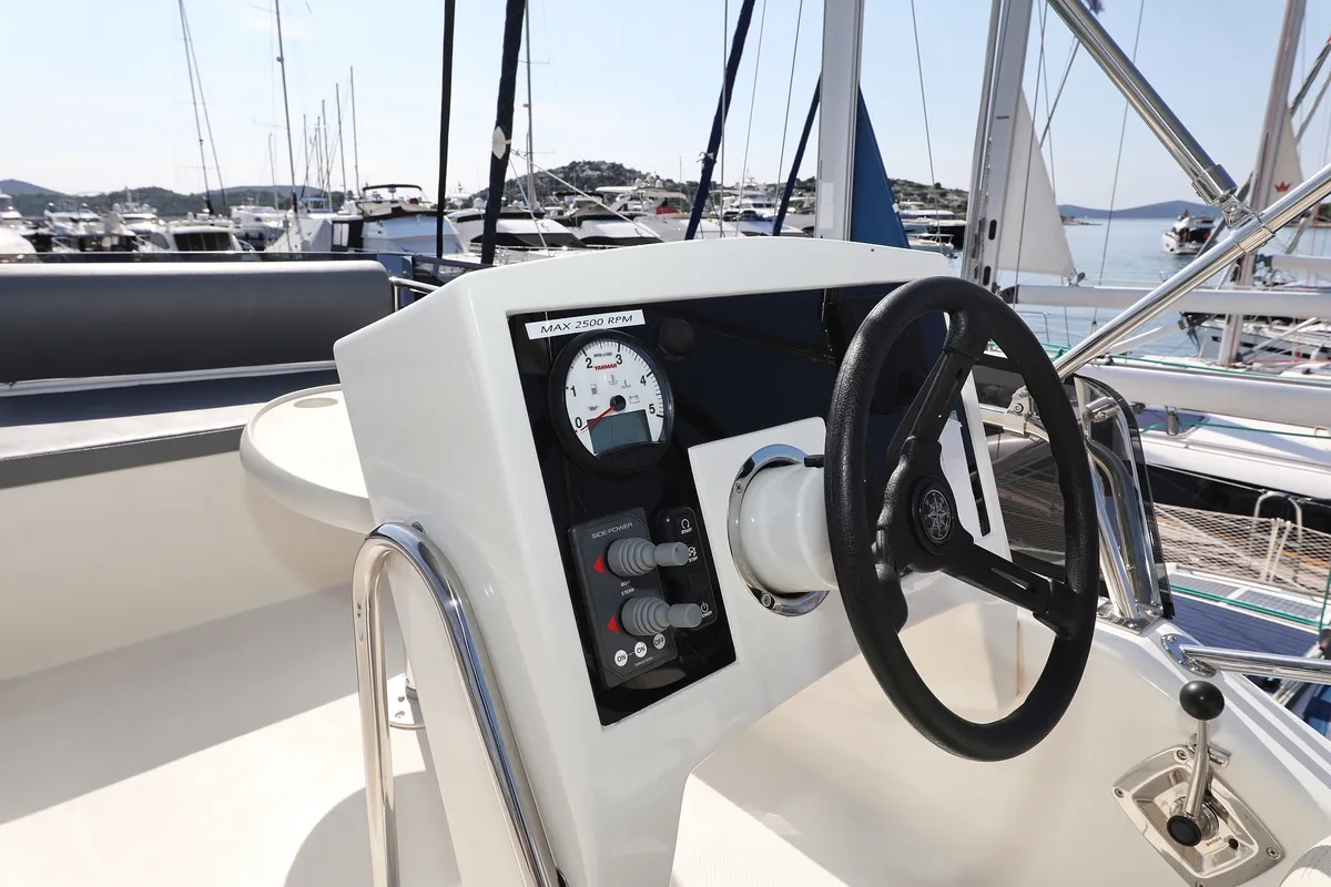 Cockpit of Muneca, a Cobra Yachts Futura 40 Grand Horizon motor yacht at Grad Vodice, Croatia