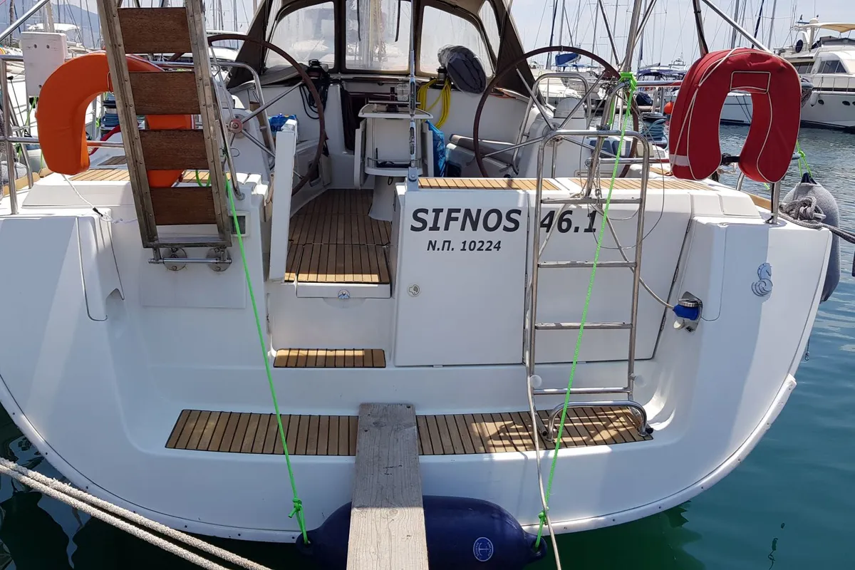 Exterior view of Sifnos 46.1, a Beneteau Oceanis 46 sailboat at Athens, Greece