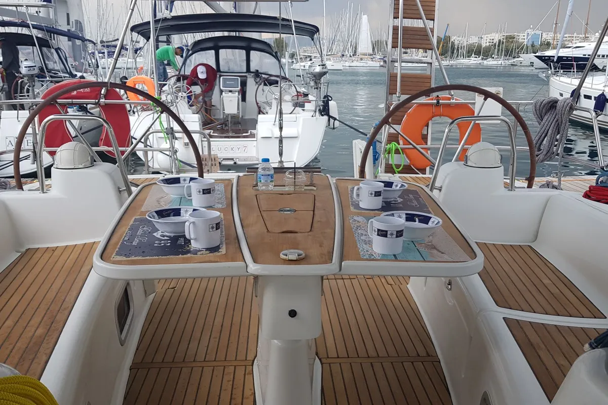 Cockpit of Sifnos 46.1, a Beneteau Oceanis 46 sailboat at Athens, Greece
