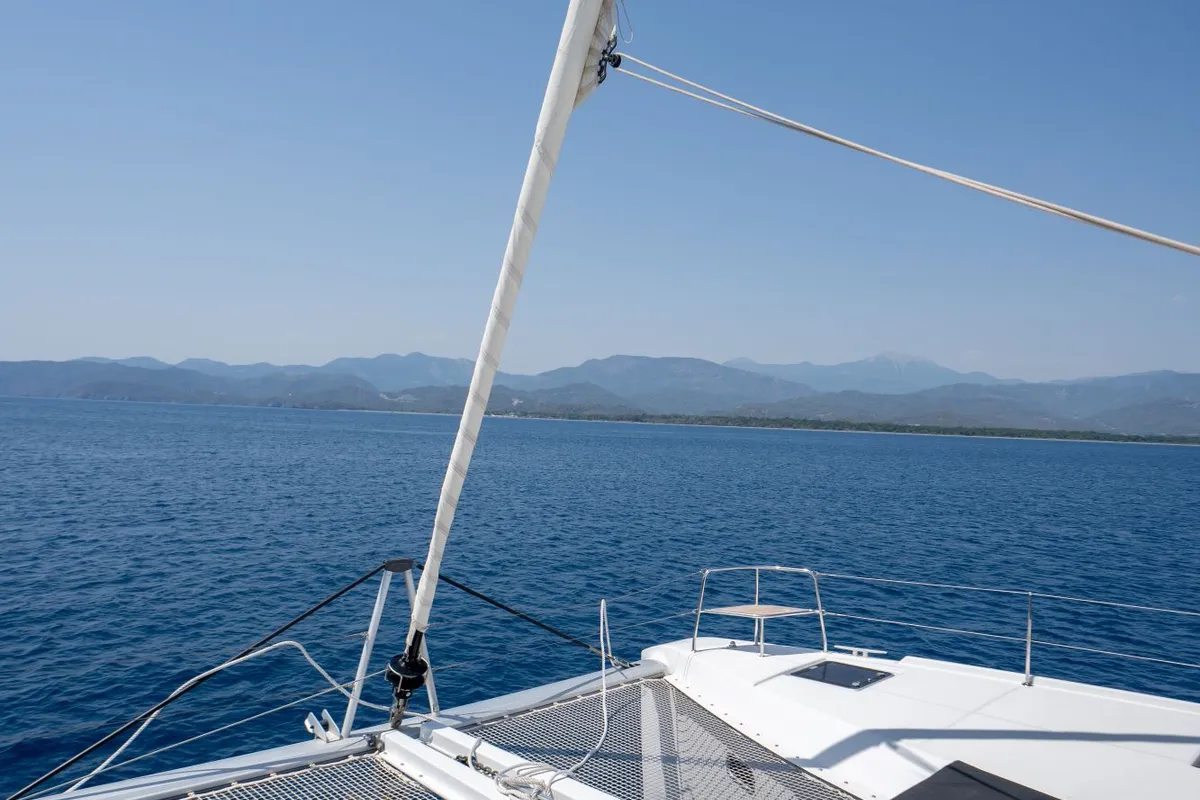 Deck of Dream Life, a Lagoon 46 catamaran at Fethiye, Turkey