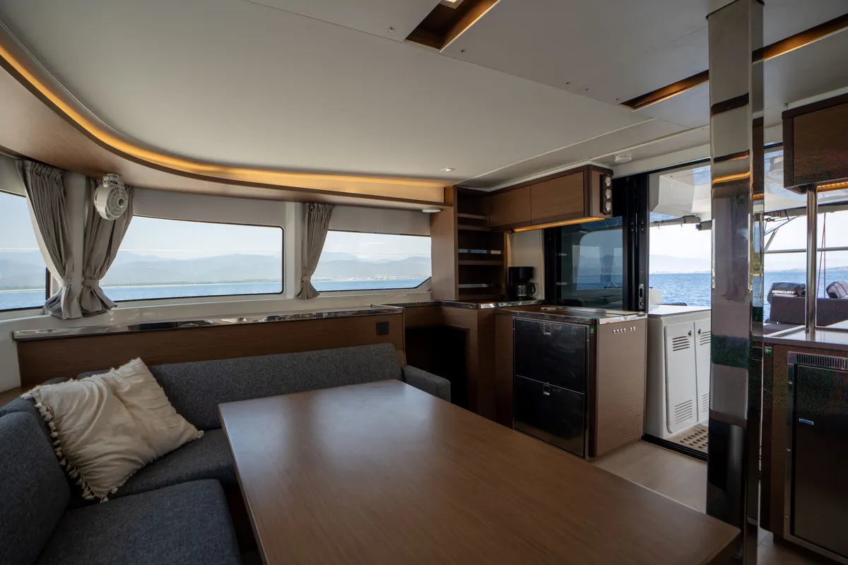 Salon of Dream Life, a Lagoon 46 catamaran at Fethiye, Turkey