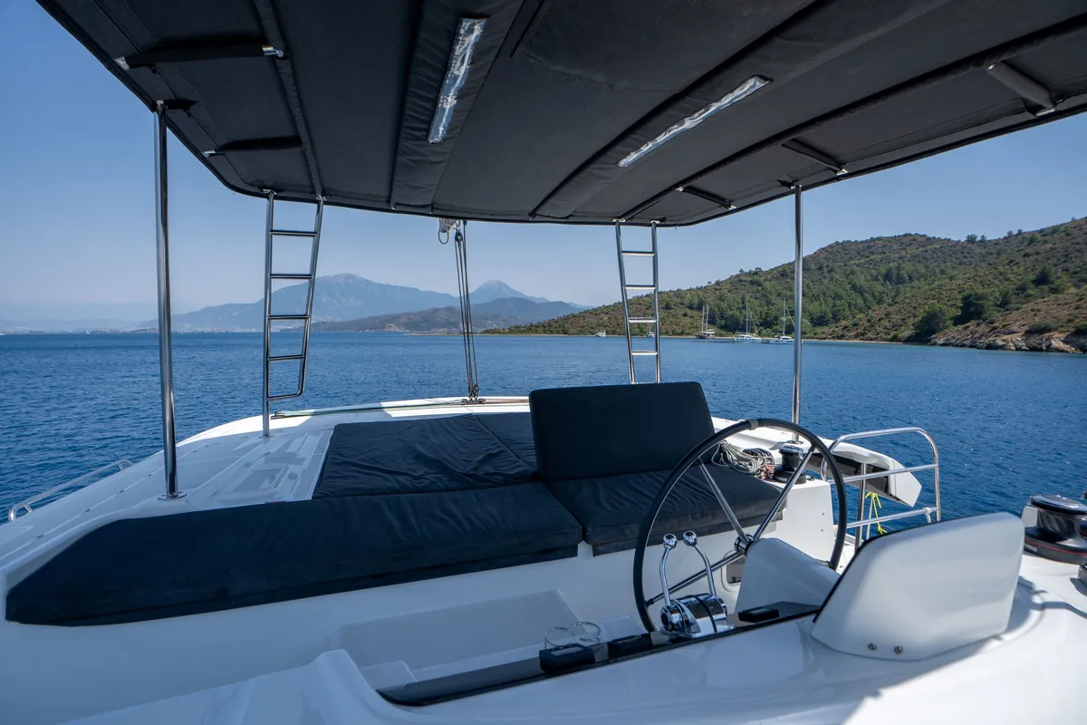 Cockpit of Dream Life, a Lagoon 46 catamaran at Fethiye, Turkey