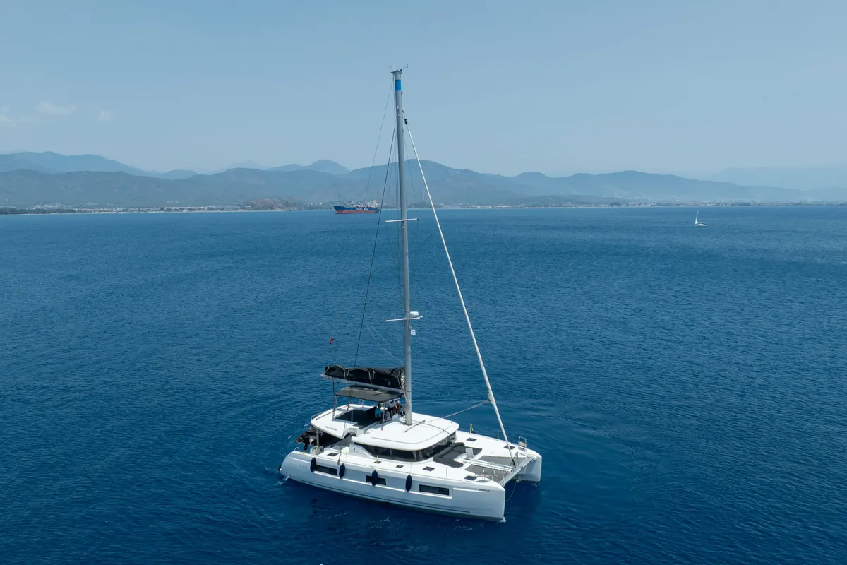 Exterior view of Dream Life, a Lagoon 46 catamaran at Fethiye, Turkey