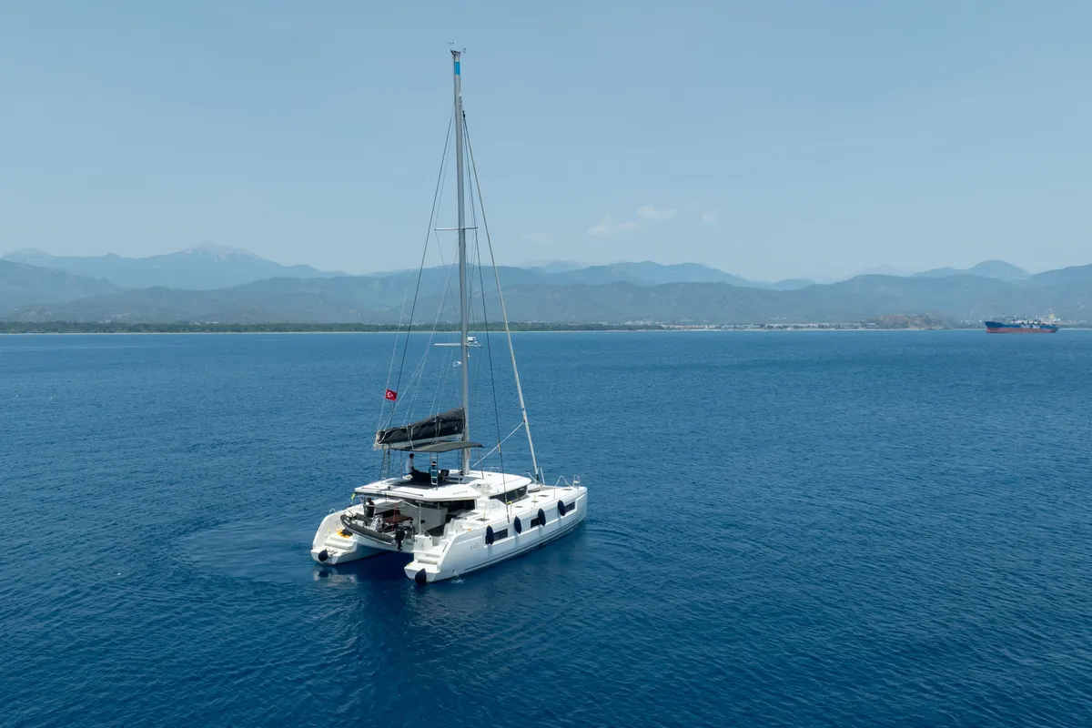 Exterior view of Dream Life, a Lagoon 46 catamaran at Fethiye, Turkey
