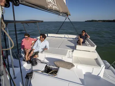 Deck of Perseids, a Bali Catspace catamaran at Kontokali, Greece