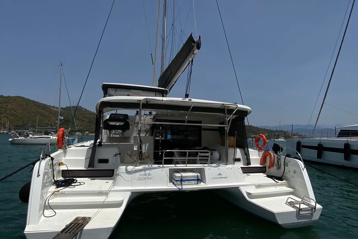 Exterior view of Mare, a Lagoon 42 catamaran at Marmaris, Turkey