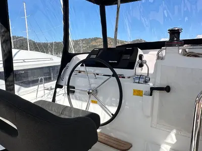 Cockpit of Mare, a Lagoon 42 catamaran at Marmaris, Turkey