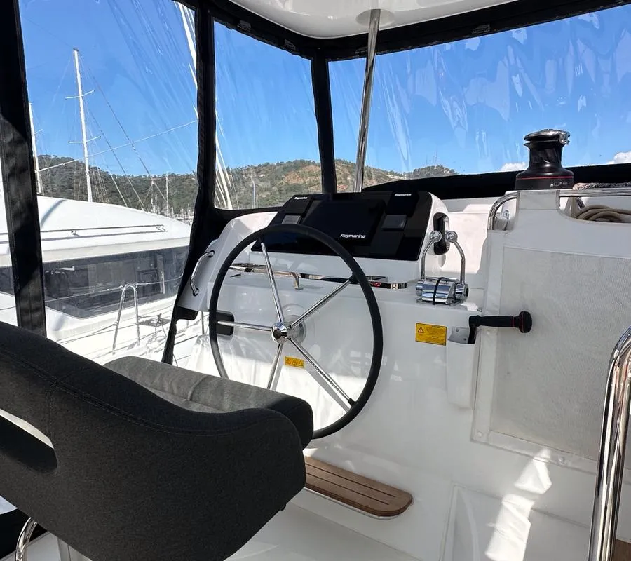 Cockpit of Mare, a Lagoon 42 catamaran at Marmaris, Turkey