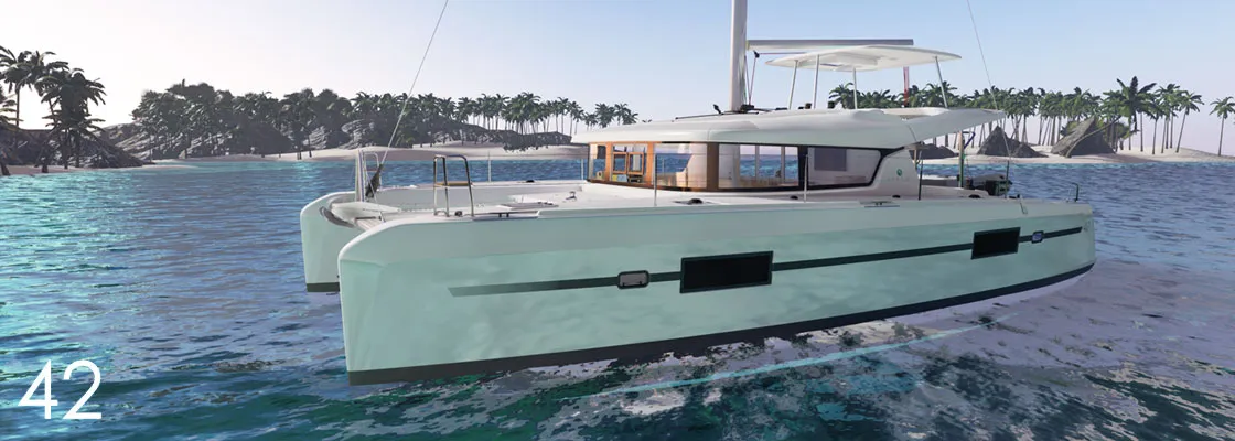 Exterior view of Mare, a Lagoon 42 catamaran at Marmaris, Turkey
