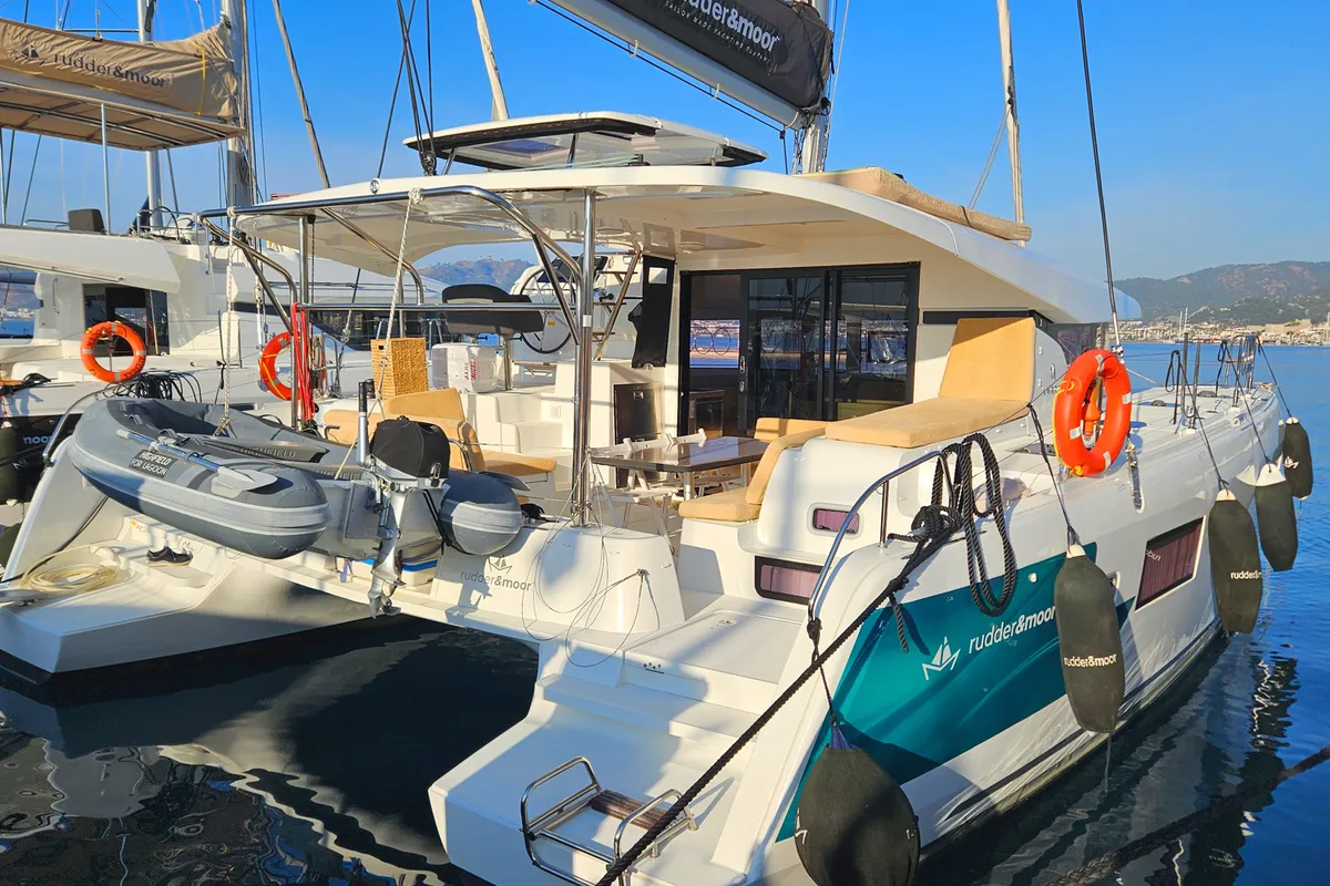 Exterior view of Mare, a Lagoon 42 catamaran at Marmaris, Turkey