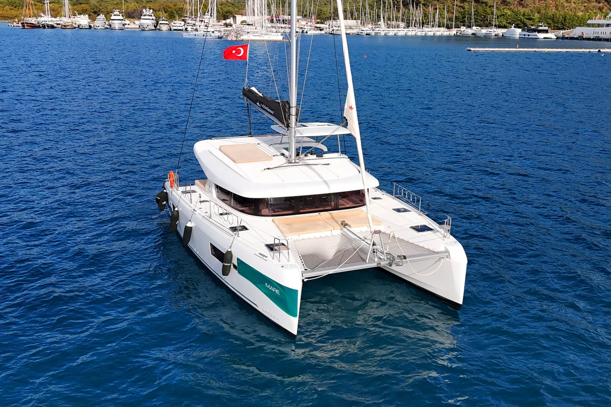 Exterior view of Mare, a Lagoon 42 catamaran at Marmaris, Turkey
