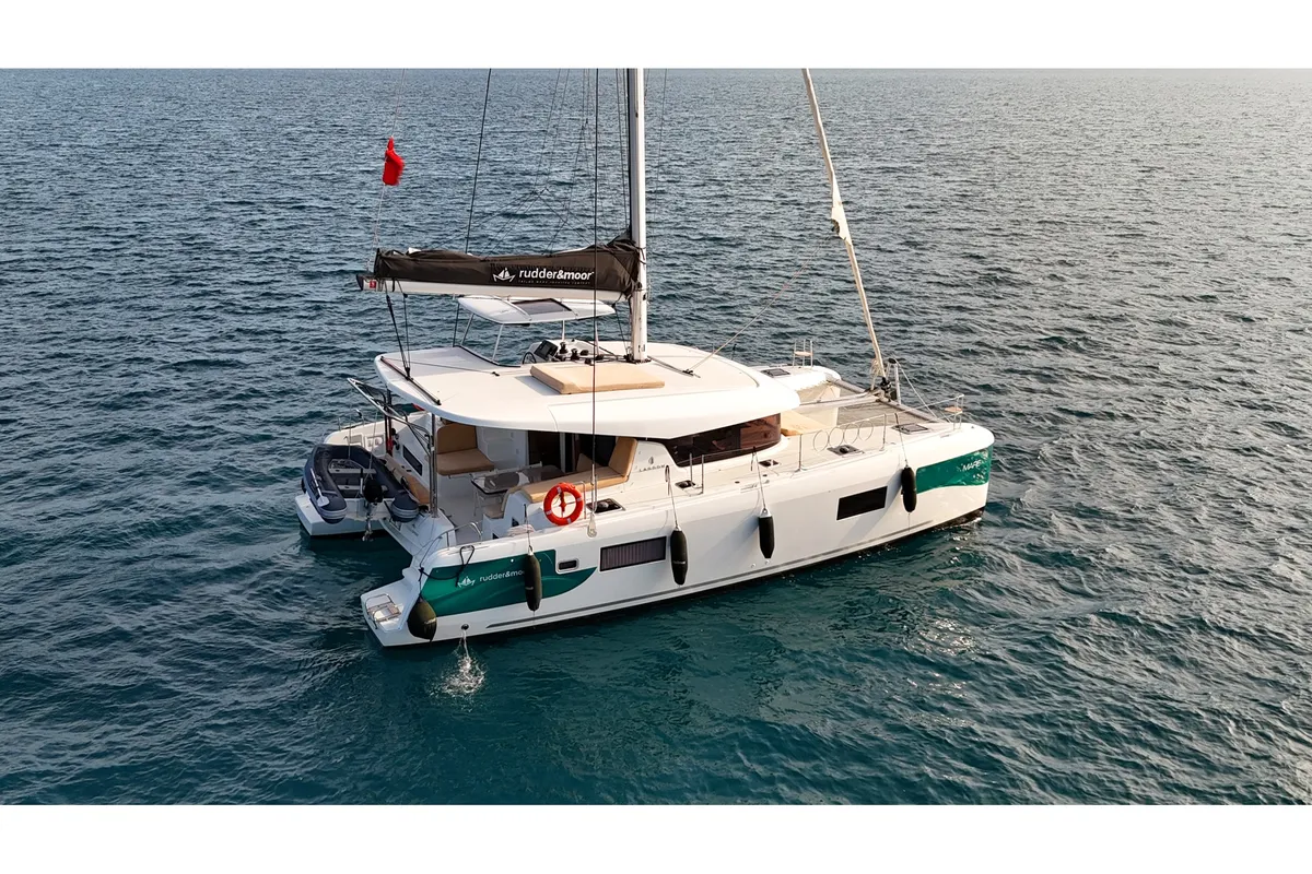 Exterior view of Mare, a Lagoon 42 catamaran at Marmaris, Turkey